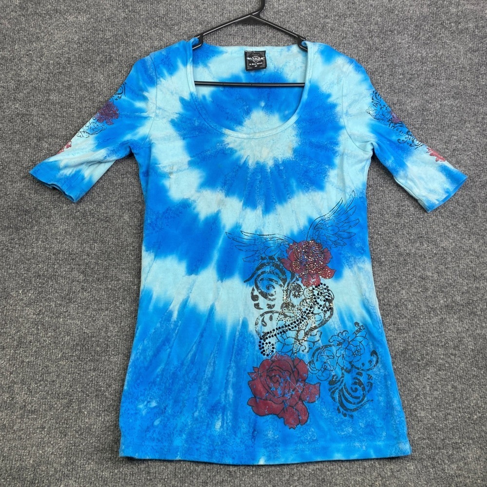 VTG Sledge USA Womens Tie Dye Graphic Top Blue Rhinestone Rose Y2K